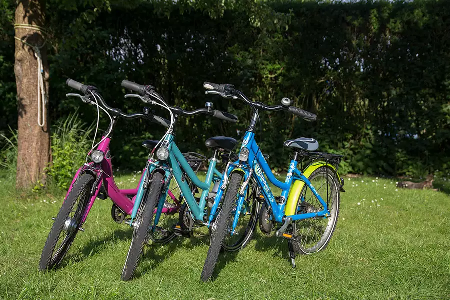 Drei bunte Kinderfahrräder auf Pellworm – pink, türkis und blau auf grüner Wiese