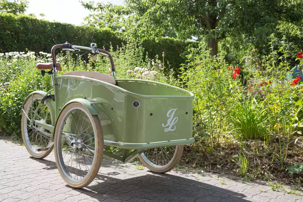 Grünes Johnny Loco Lastenrad auf Pellworm – Transportbox im Garten